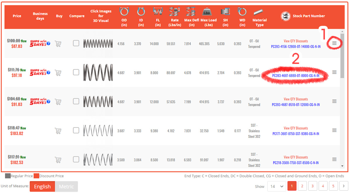 Specsheet table of results spring finder