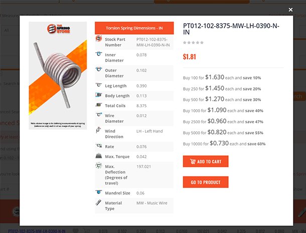torsion spring finder results in quickview pop-up